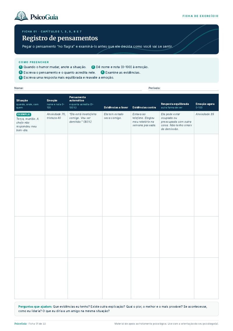Ficha de exercício de registro de pensamentos, com linha de exemplo preenchida