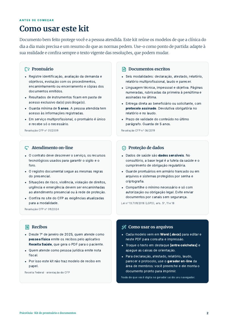 Página de orientações do kit de prontuário e documentos