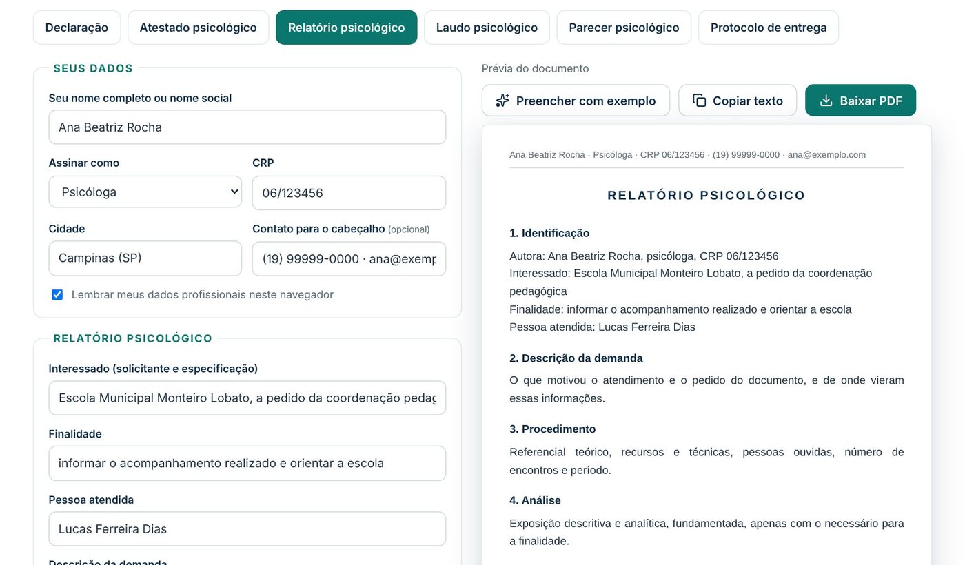 Gerador de documentos com o formulário do relatório psicológico preenchido com dados de exemplo e a prévia do documento ao lado